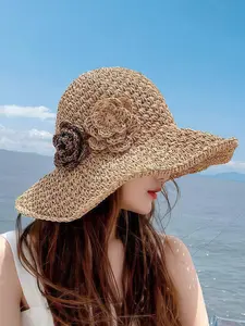 Foldable Beach Flower Straw Hat, Flower Decoration, Foldable Design, Sun Protection UV Block, Casual Loose-Fitting, Perfect for Vacation & Seaside, Plain Letter Pattern, Vintage Fashion Hat