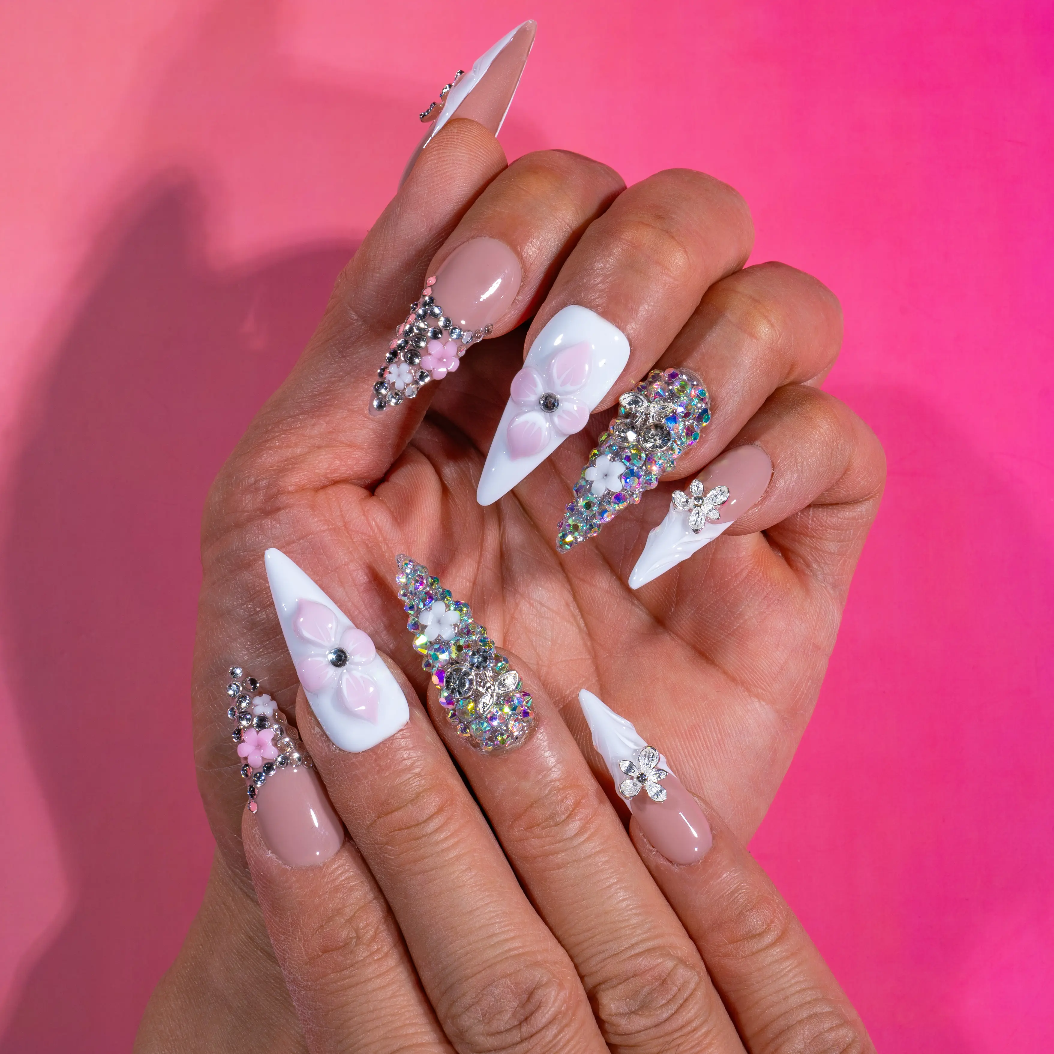 Liketete summer Butterfly French Tips Acrylic Salon Quality Press-On Nail Set 10pcs Set with Free Tool Kit - Beautiful High Quality Handmade Nails Tip