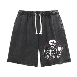 Wayii Fashion Skeleton with Coffee Cup Acid Washed Shorts, Retro Gothic Coffee Print Drawstring Shorts, Loose Fit Casual Outfit for Coffee Lovers and Dark Aesthetics