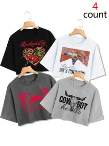 Women's Summer 4-Pack Western Style Short T-Shirts, Rockabilly Cherry Leopard, Cowboy Bull, Skull Heart, Soft Breathable Fabric