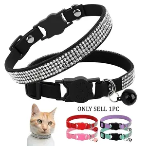 Soft Pink Suede Leather Cat Collar - Bling Rhinestone Design with Bell, Safety Breakaway & Adjustable Fit XS/S for Cats & Puppies