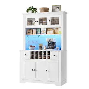 Garvee 68.7 " Pantry Cabinet with LED Light and Charging Station, Kitchen Pantry Storage Cabinet with Countertop, Large Kitchen Hutch with Storage Drawers & Adjustable Shelves for Dining Room, Living Room