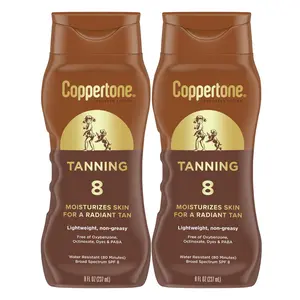 Coppertone Sunscreen Tanning Lotion SPF 8, Lightweight and Non Greasy Sunscreen, Water Resistant, Oxybenzone Free, Sun Tan Lotion Moisturizes Skin for a Radiant Tan, 8 Fl Oz Bottle, Pack of 2