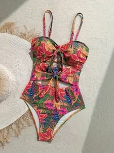 Women's Tropical Floral Print One-Piece Swimsuit, Summer Beachwear Swimwear, Comfortable & Stylish Design, Perfect for Pool Parties, Leaf Print Swimsuit
