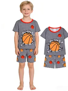 Boys Basketball Digital Print Short Sleeve T-Shirt & Elastic Waist Shorts Pajama Set, Fashion Casual Comfortable Sleepwear, Children