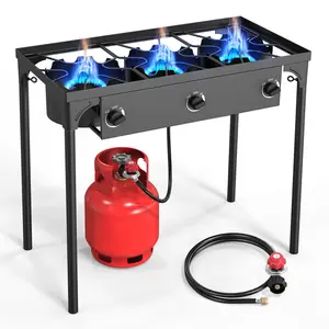 GEEKHOM Propane 3 Burner Camp Stove Outdoor High Pressure Propane 2 Burner Adjustable PSI Regulator and Steel Braided Hose With Removable Legs