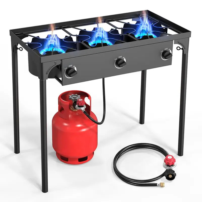GEEKHOM 3-Burner High-Quality Propane Camp Stove - Freestanding, Portable Outdoor Cooking Supplies with Individual Heat Dial per Burner, Adjustable PSI Regulator, High-Quality Regulator, Steel Braid Hose, Detachable Legs for Camping, Tailgating