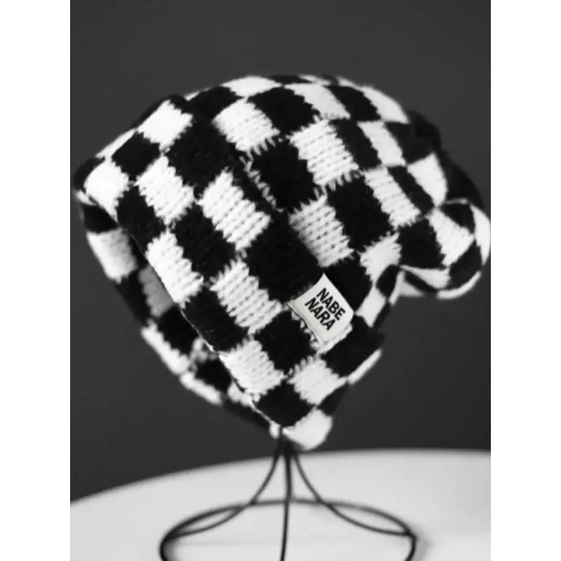 Fashionable Patched Checkerboard Pattern Beanie, Stylish Hat, New Trendy Fitted Cool Hats for Men & Women, Casual Warm Cozy Knitted Hat for Fall & Winter, Unique Gifts for Women, Bonnet Embroidery Stretch Knit Beanie Hat gorras skull caps