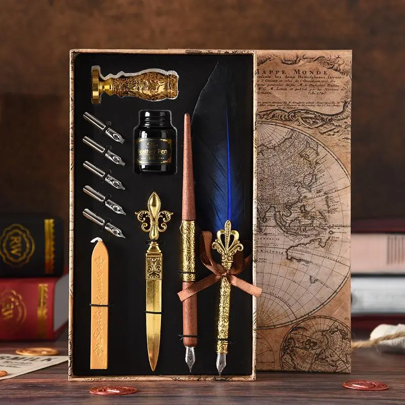 Vintage Feather Dipped Pen Set, 1 Box Calligraphy Double Pen with Gift Box & Replaceable Nibs, Creative Gift Box for Friends