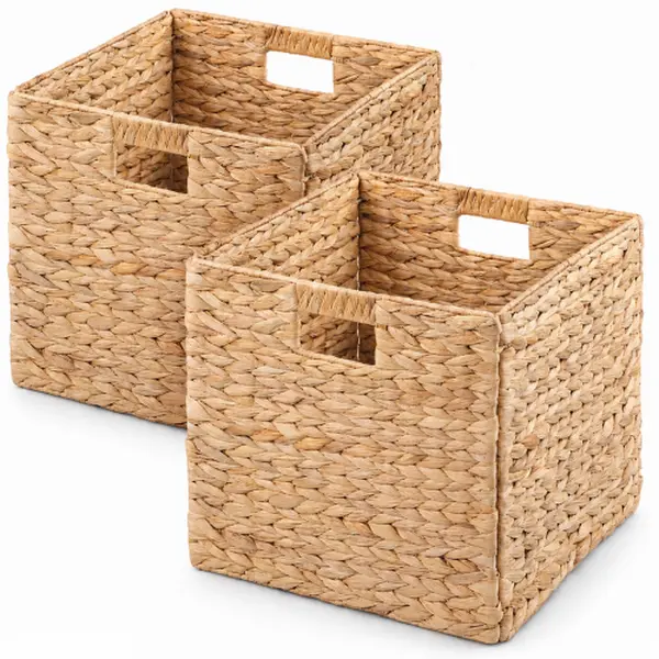 Natural Handwoven Water Hyacinth Folding Cube Storage Baskets, 2-Piece Set, 12.6"x12.6"x12.6" with Cutout Handles - Home Organizer for Shelf, Toy Storage, Two Pieces