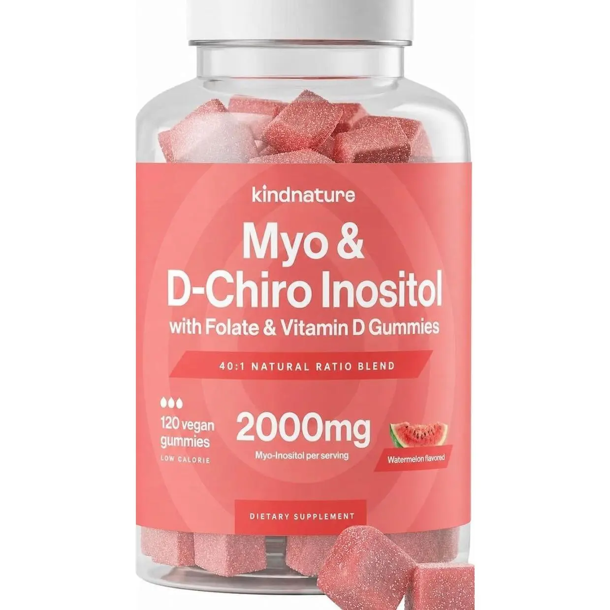 kindnature Myo-Inositol & D-Chiro Inositol Gummies for Women – 2000mg + 50mg, Ideal 40:1 Ratio – with Vitamin D & Folate – Hormone Balance & Fertility Support – Vegan, Watermelon Flavor (120 Gummies)