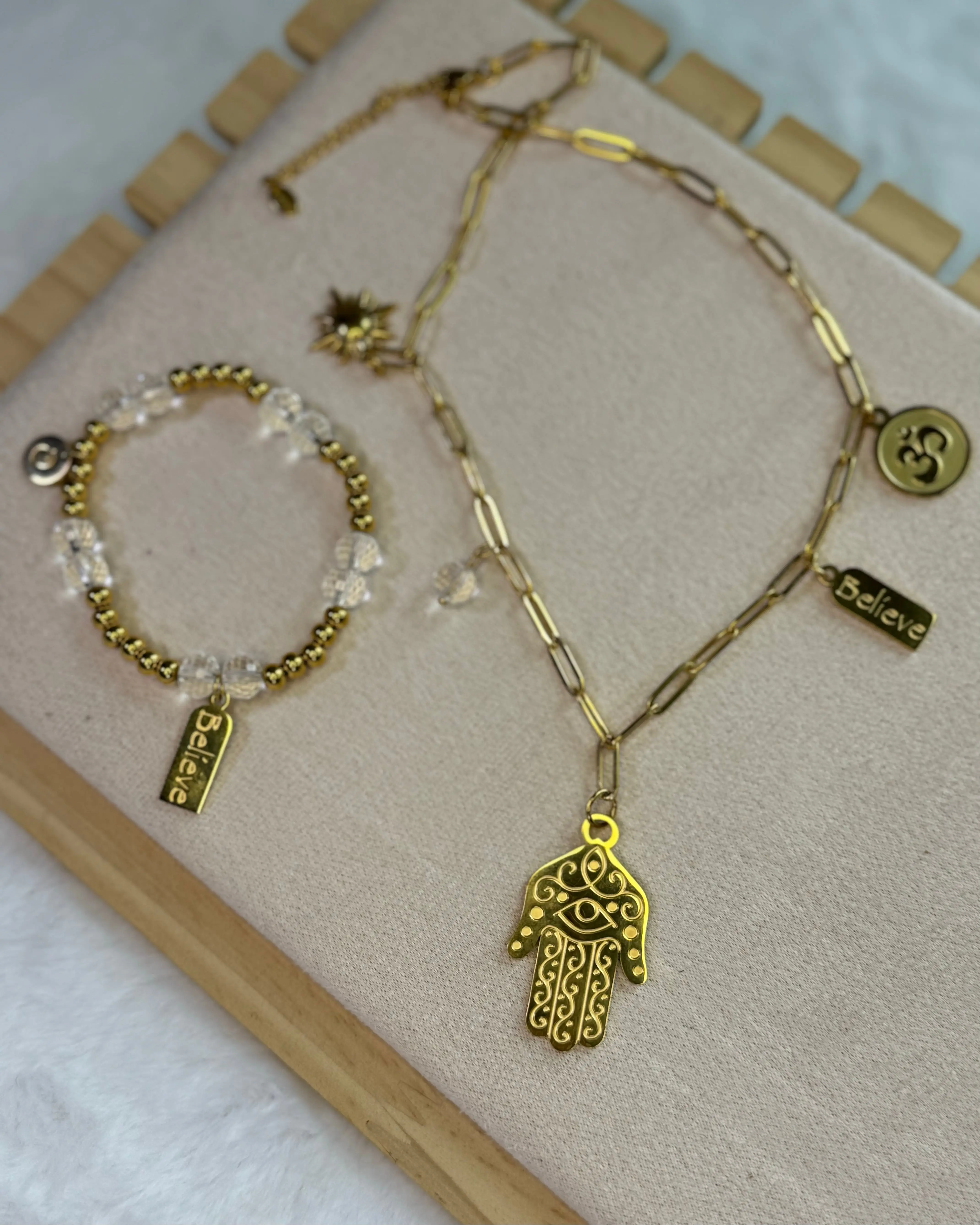 Fatima Hand and Believe Necklace with Pendant, Beaded Design, and Chain