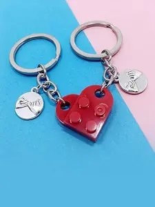 Unisex Cute Heart Shaped Keychain, 2pcs/set Building Block Design Keychain for Couples & Friendship, Fashion Kawaii Accessories for Car Keys & Bag Charm, Valentine's Day, Gift