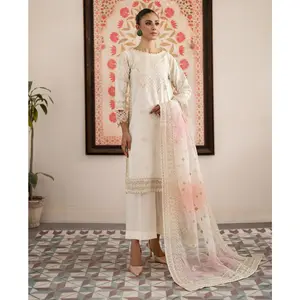 White & Pink Raw Silk Salwar Kameez