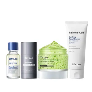 Dr.Leo 4-Step Acne Repair Kit - Salicylic Acid Cleanser, Charcoal Clay Stick Mask, CICA Panthenol Jelly Moisturizer, Drying Lotion Spot Treatment for Deep Pore Cleansing, Pimple Care, Redness Calming & Skin Barrier Support