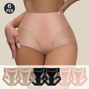 QUASTI Women's 6-Piece Mid-Rise Minimalist Lingerie - Patchwork Mesh & Ice Silk Breathable Mesh Knicker, Seamless Soft Hip-Lifting Elastic Briefs, Lightweight Elegant Underwear (S-XXL) summerwins