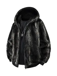 VERA Men's Leopard Print Double-Sided Fleece Jacket Winter Fashion Warm Coat Hooded Outerwear for Autumn Winter Trendy Reversible Streetwear Coats