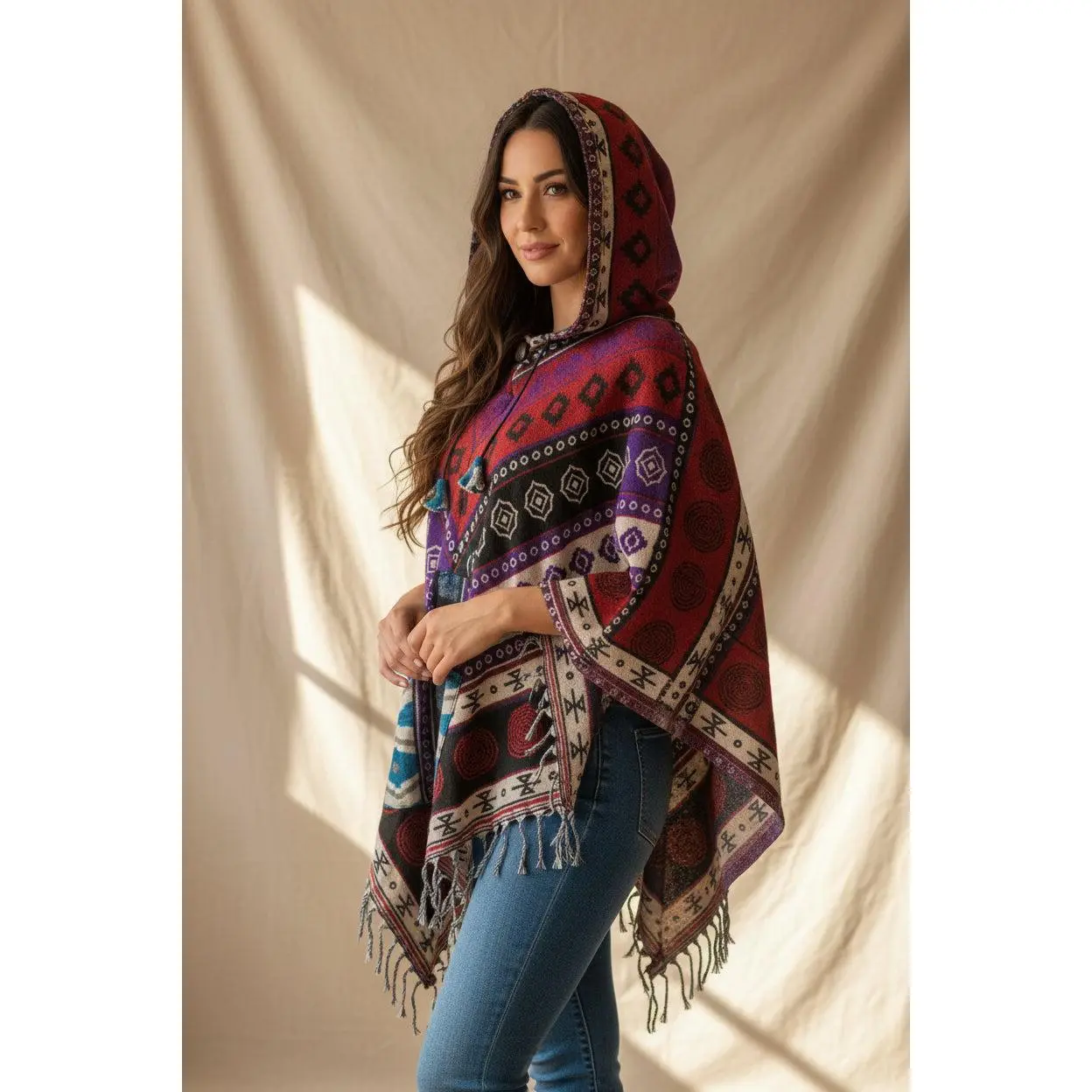 Women's Hooded Poncho - 1-Size Unisex Woolen Blend, Boho Woven, Center Pocket, Ethnic Gypsy Festival Top