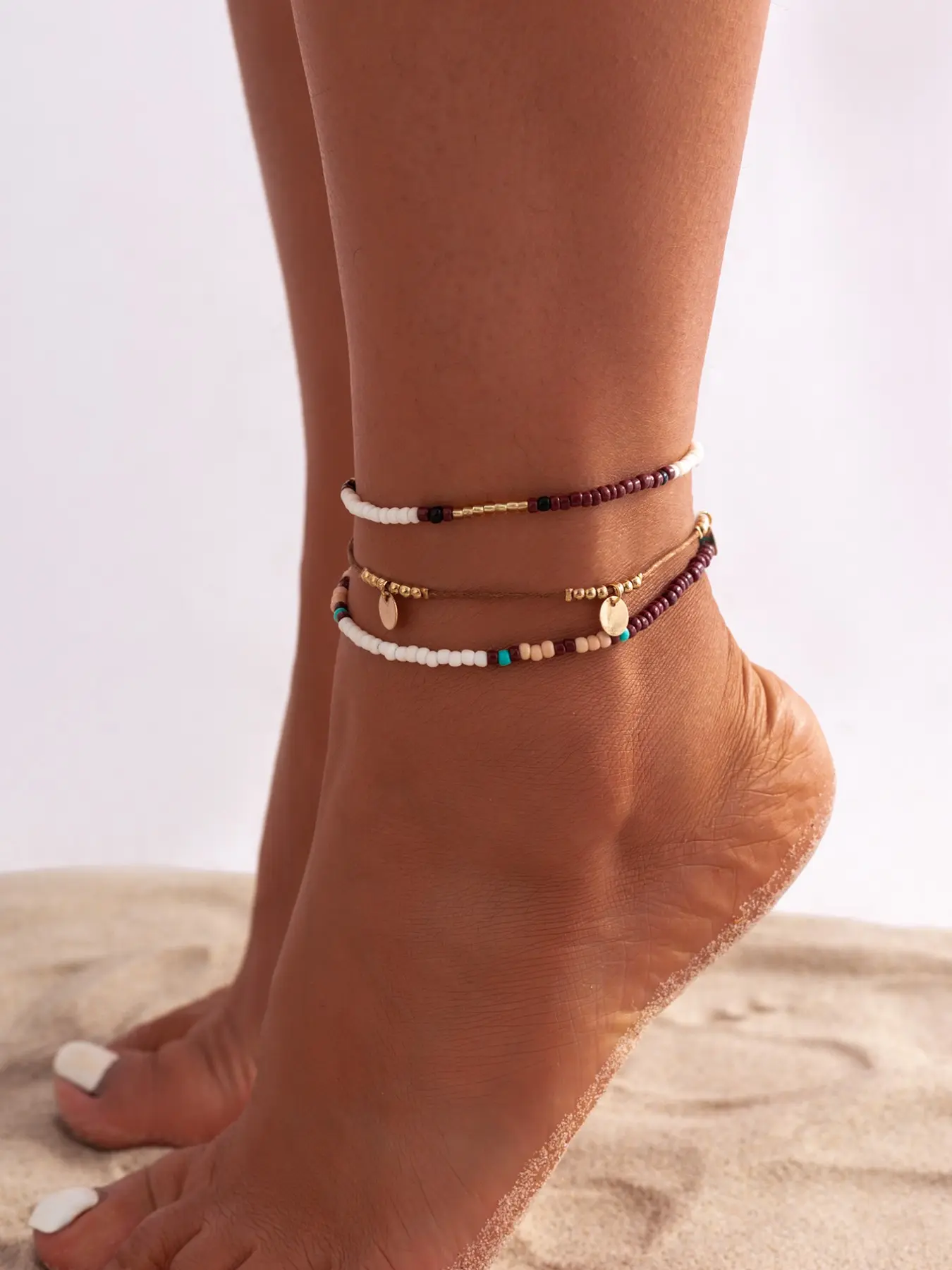 Women's Boho Style Beaded Anklet Set, Dainty Layered Anklet, Plain Design Acrylic Chain Foot Jewelry, All-Season Accessory for Women