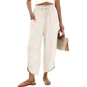 Women Linen Palazzo Pants Boho Wide Leg Elastic Waisted Casual Capri Pant Summer Harem Lounge with Pockets