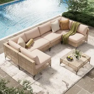 AECOJOY 7-Piece Patio Outdoor Furniture Set with Tea Table, Boho Sectional Sofa, Light Brown Rattan & Beige Cushions, Rattan and Wicker Design