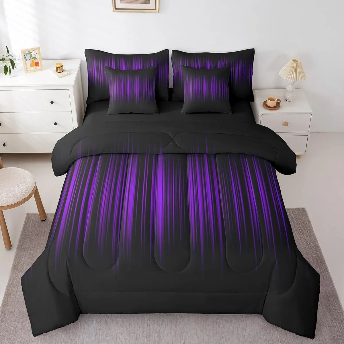 Feelyou 7-Piece Abstract Ombre Bed-in-a-Bag, Purple & Black Gradient Line Decorative Microfiber Soft Bedding Set with Sheets for Boys & Girls, Decorative Bedding Set, Microfiber Bedding Set