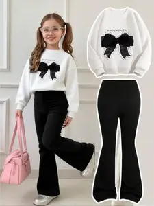 Girls' Sweet Cool Bow Sweatshirt Bell Bottoms Set, Casual Fitted Cartoon Pattern, Breathable Comfort, All Seasons, Girl Clothes School