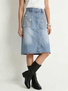 Vintage A-line denim skirt with rhinestone pockets 😍✨ #DenimSkirt #OOTD