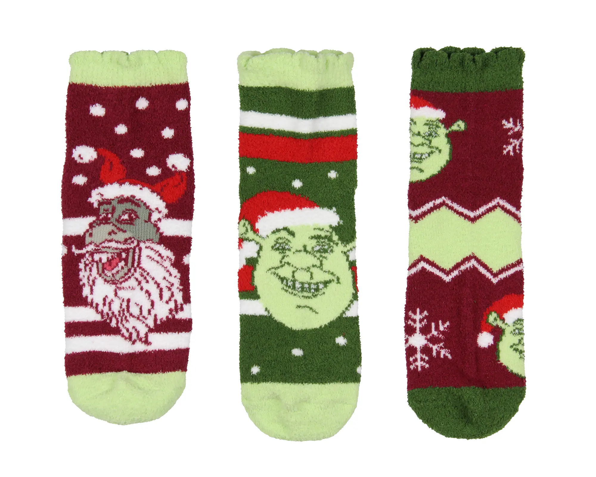 Shrek Socks Women's Shrek and Donkey Adult Holiday Chenille Socks Scalloped Cuff Quarter Crew Socks 3 Pair (Socks Size 9-11)