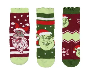 Shrek Socks Women's Shrek and Donkey Adult Holiday Chenille Socks Scalloped Cuff Quarter Crew Socks 3 Pair (Socks Size 9-11)