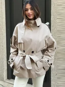 Fashion Oversized Khaki Trench Coat Women's Windbreaker All-Season 2026 Women's Loose Double-Breasted Belt Long Sleeve Top Office Wear Women Jacket Elegant High Street Outerwears