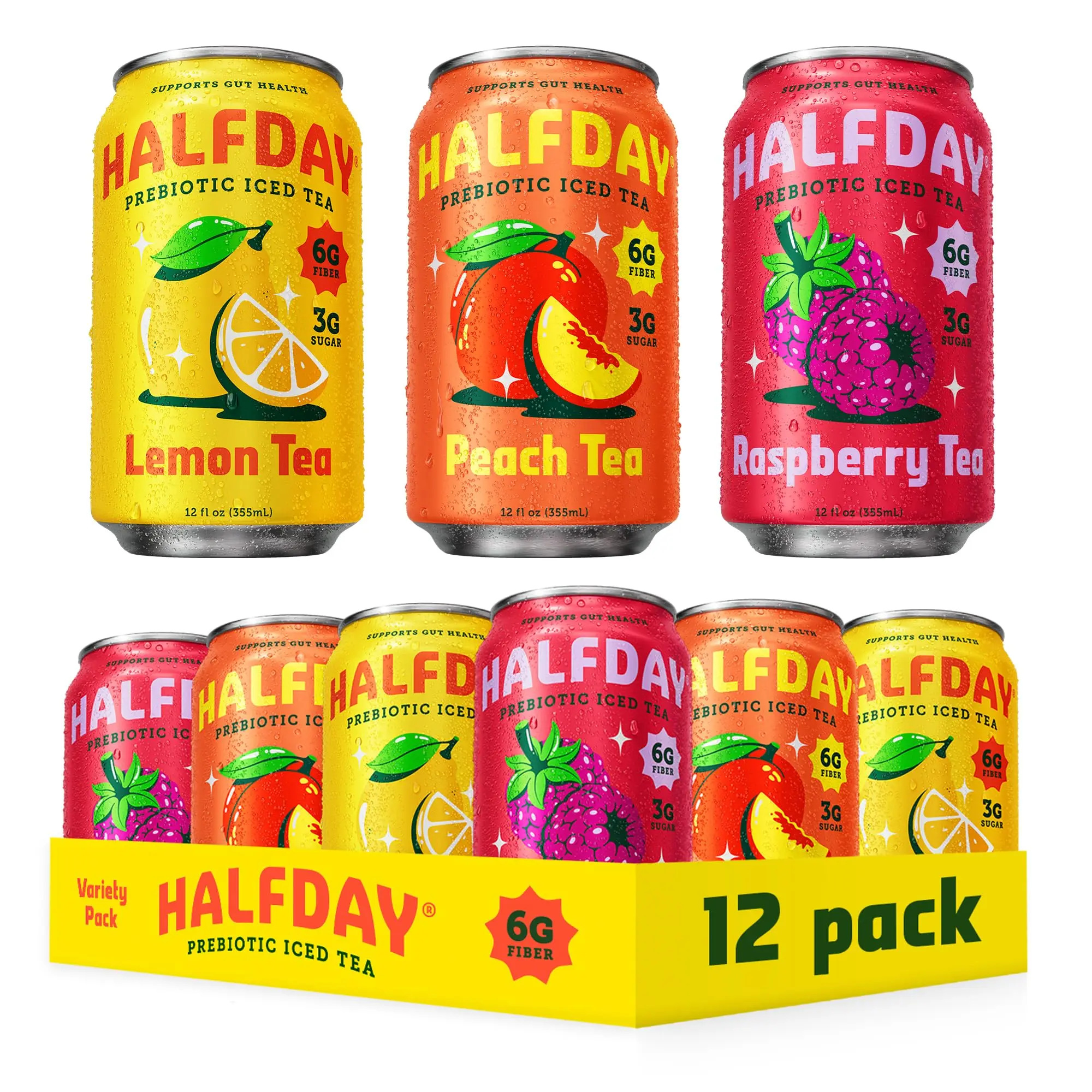 HALFDAY Prebiotic Iced Tea Lemon, Peach & Raspberry Variety Pack, Supports Digestive & Gut Health, Plant Fiber & Prebiotics, Low Sugar, 35 Calories, Natural Caffeine, Gluten Free, 12 fl oz (12 pack) Packaging May Vary