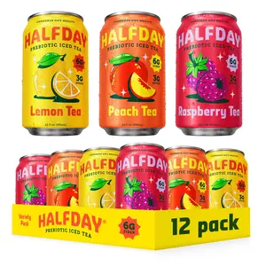 HALFDAY Prebiotic Iced Tea Lemon, Peach & Raspberry Variety Pack, Supports Digestive & Gut Health, Plant Fiber & Prebiotics, Low Sugar, 35 Calories, Natural Caffeine, Gluten Free, 12 fl oz (12 pack) Packaging May Vary