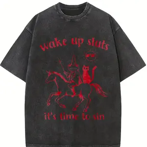 180g[100%cotton]Wake Up Baddies It's Time to Misbehave Graphic T-Shirt - Heavyweight Boxy Fit Pure Cotton Tee - Vintage Washed Oversized Aesthetic DTG Print - Fun Weird Girl Summer Shirt