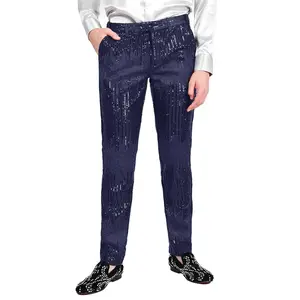 BARABAS Poker Play Sequin Pants - Navy Fitted Stretch Spandex Trousers with Metallic Print, Below Ankle Hem, All Seasons Fashionable Men's Wear Wave Original Fabric Menswear Cotton