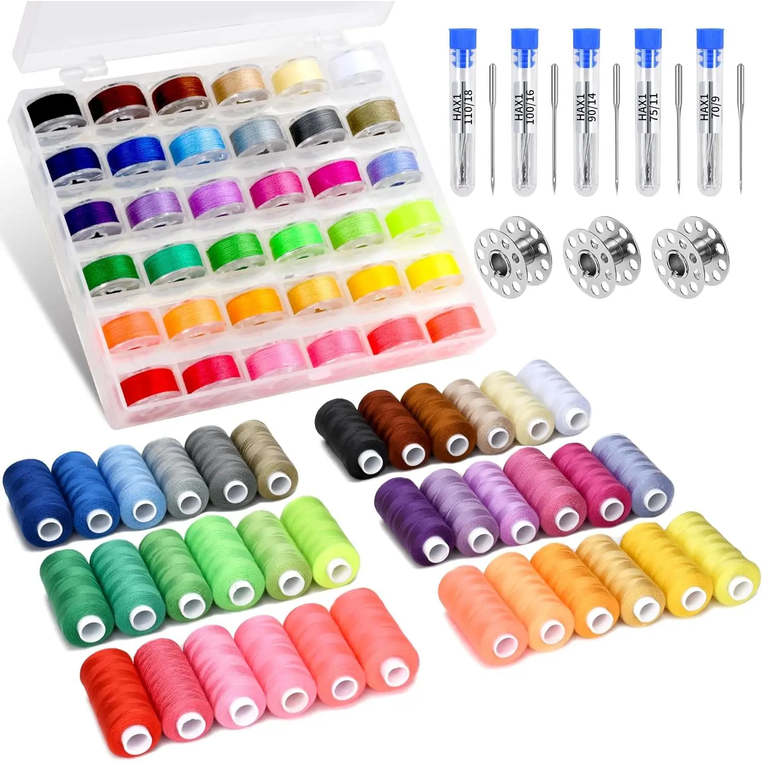 125 count Sewing Thread Kit, 36 Assorted Colors Machine Threads with Spools, 400 Yards Prewound Bobbins Set with 50 Machine  (70/9, 75/11, 90/14, 100/16 110/18) for Universal Sewing Machines Use