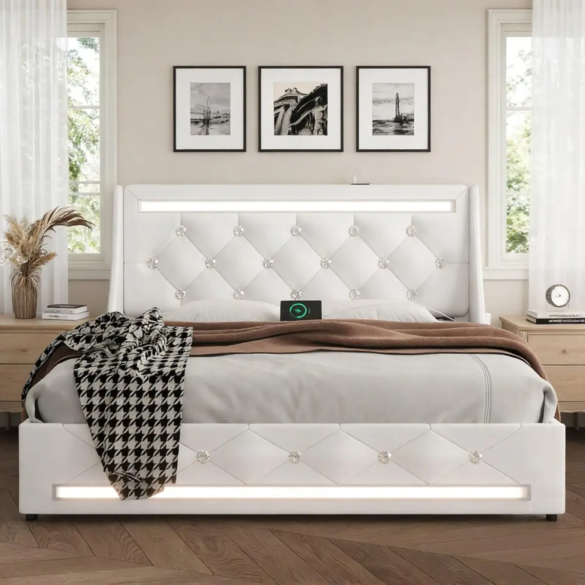 Queen Size Upholstered Wingback Bed Frame with LED Lights, Storage Drawers, Charging Station, Diamond Tufted Headboard & Wooden Slats - Noise-Free, Easy Assembly, No Box Spring Needed, White