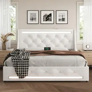 Queen size Bed Frame with LED Lights & Storage Drawers, Upholstered Queen Bed Frame with Charging Station, Queen Platform Bed with Diamond Headboard, Wooden Slats, Easy Assembly, Noise Free, No Box Spring Needed, White
