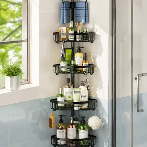 Littleox Black/Silver Floor Standing Bathroom Storage Rack, Round Tube Frame with Hexagon 2 Large & 2 Small Semi-Circle Wire Baskets