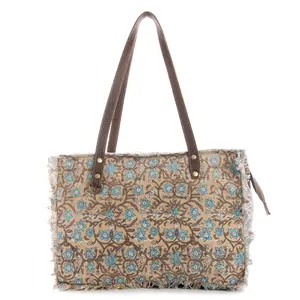 Myra San Ysidro Falls Floral Weekender Bag for Women â€“ Distressed Fabric, Leather Handles & Rustic Fringe Details