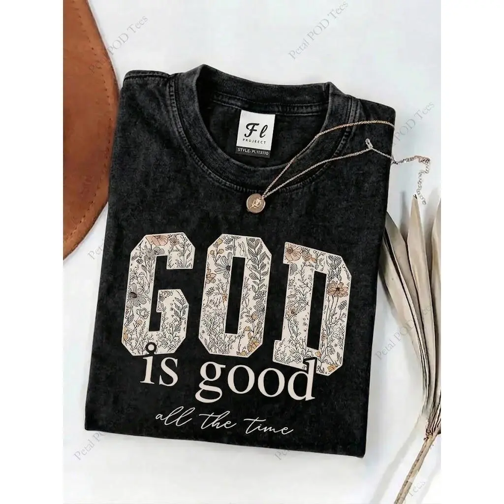Women's 260g Heavy Cotton Oversized Retro Faith-Based Everyday Tee-Top, Round Neck Short Sleeve Loose-Fitting True-to-Size Bible Verse Print Casual T-Shirt, Ribbed Basics Fabric