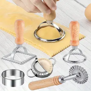 Ravioli Maker Stamp Cutter with Roller Wheel Set Pasta Maker Molds with Wooden Handle and Fluted Edge Dumpling Skin Maker Ravioli Cutter and Press Stamp for Pasta Dumplings Lasagna Pierogi