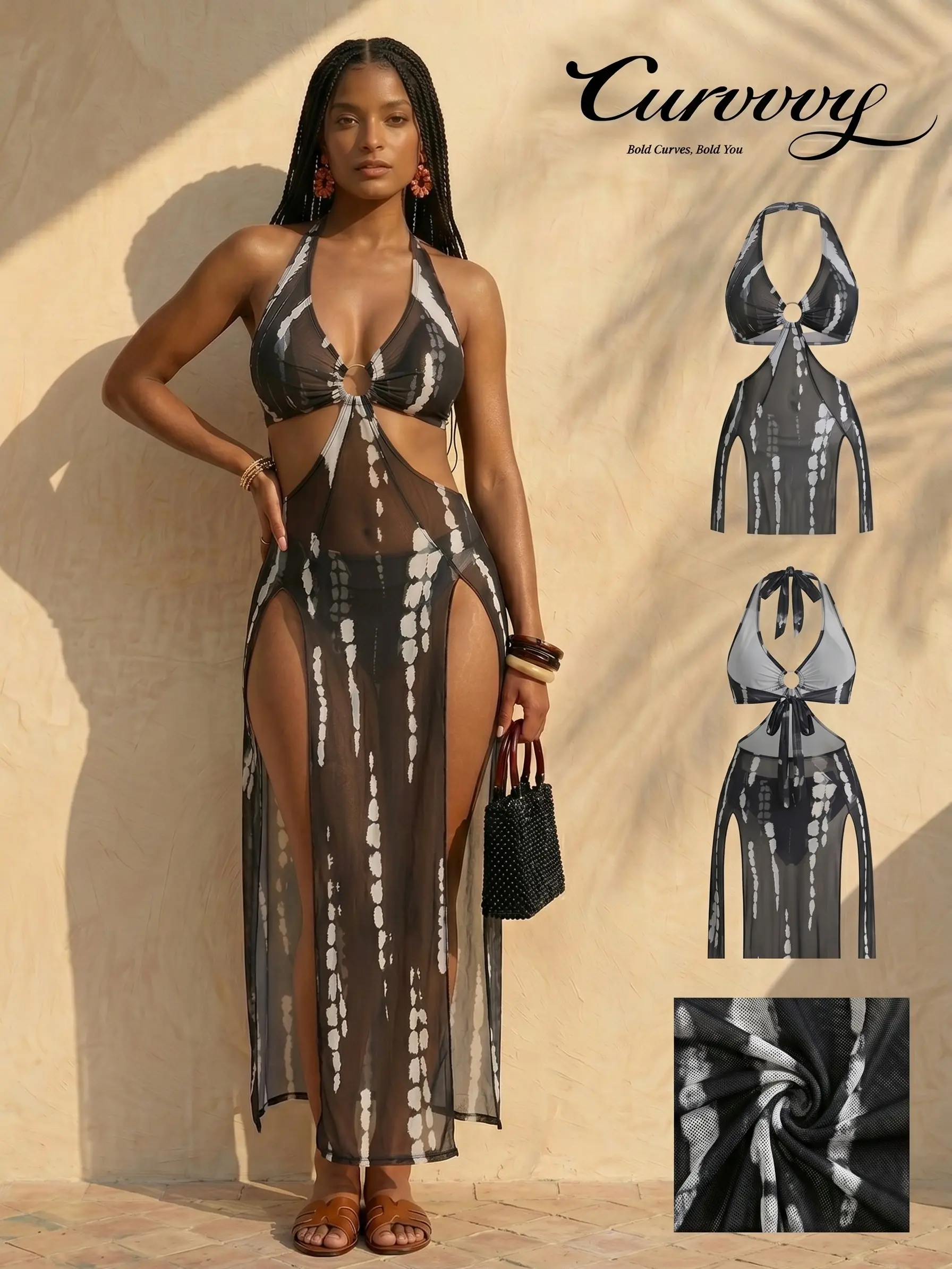 Curvvvy Boho Tie-Dye 3-Piece Beach Set for Women – Halter Bikini with Sheer Cover-Up Skirt, Vacation Swimwear Outfit 2026