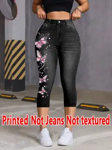 Summer Women's Denim Look Tight-Fit Pants, Printed Cropped Seven-Eighths Leggings, Non-Denim Fabric, All Seasons Wearable Bottoms, Womenswear, Streetwear