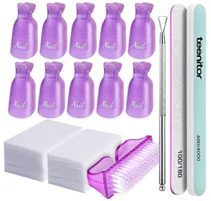 Teenitor Nail Polish Gel Remover Tools Kit with Nail Clips Nail Remover Pads Cuticle Pusher Nail Brushes Nail File Grits 120/180 Buffer Block Grits 400/4000, 6 Pack Purple
