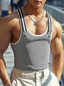 INCERUN Men's Fashion Casual Simple Striped Printed Suspenders Sleeveless Vest Tops, Comfortable and Stylish, Perfect for Daily Wear