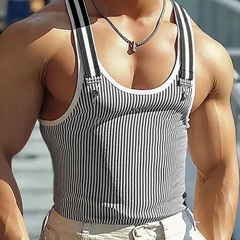 INCERUN Men's Fashion Casual Simple Striped Printed Suspenders Vest Fabric, Comfortable and Stylish, Perfect for Daily Wear