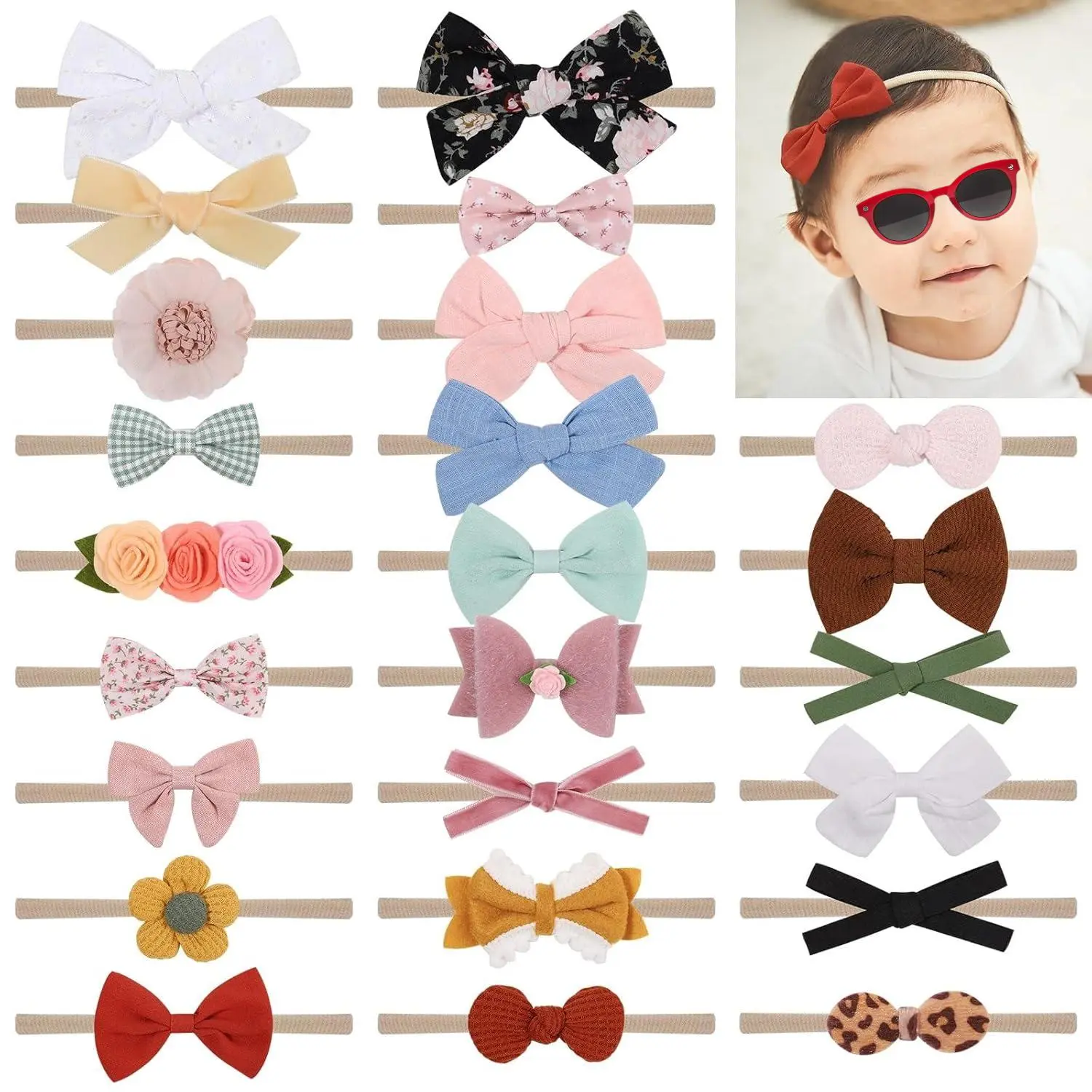 KF5-HBA007  Baby Girl Headbands 24PCS Nylon Linen Handmade Hairbands with Hair Bows and Accessories for Newborns, Infants, Toddlers, and Little Kids