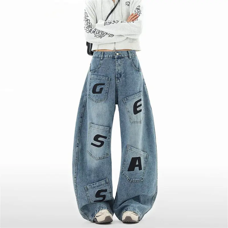 Women's High Waist Wide Leg Light Blue Jeans Patchwork Pocket Letter Print Vintage Y2K Streetwear Denim Trousers