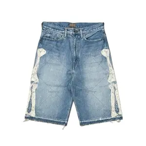 Blitz Summer street letter embroidery retro denim shorts men's casual embroidery bone denim shorts men's summer jeans  Streetwear Pants Menswear Pocket